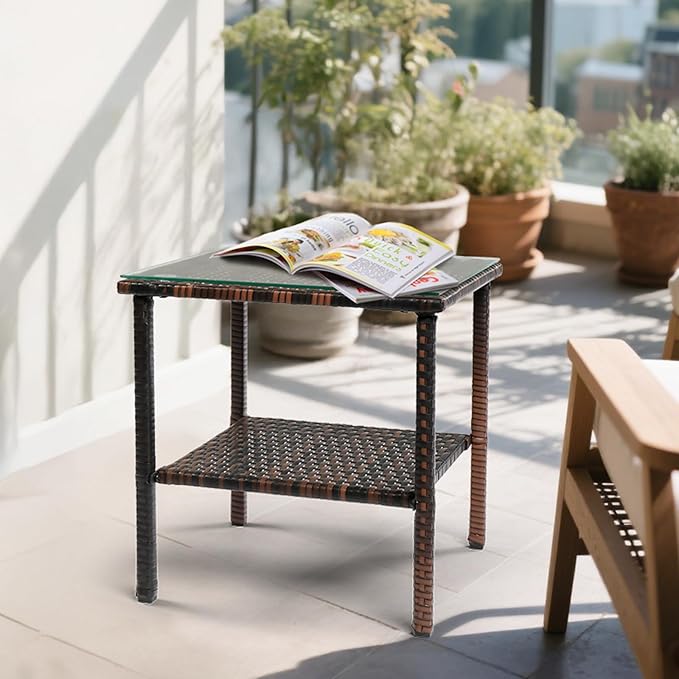 Outdoor Wicker Side Table,2-Layer Patio Rattan Garden Coffee End Square Table with Glass Top (Brown) - Photo 7