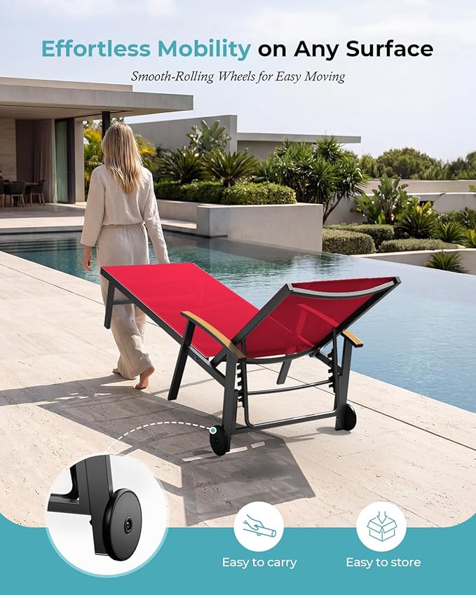 Ciokea Outdoor Lounge Chair with Pillow, 5-Position Aluminum Chaise Lounge with Wheels & Armrests - Photo 6