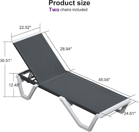 PURPLE LEAF Outdoor Chaise Lounge Set of 2 Plastic Pool Lounge Chair with Aluminum Frame Stackable Patio Tanningchairs for Poolside Sunbathing Beach Deck Yard, Dark Grey