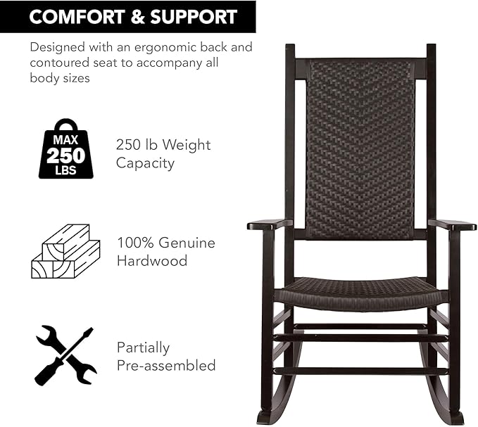Shine Company Hampton Porch Rocker, High Back Wood Rocking Chair, Rattan Backrest & Seat, Black