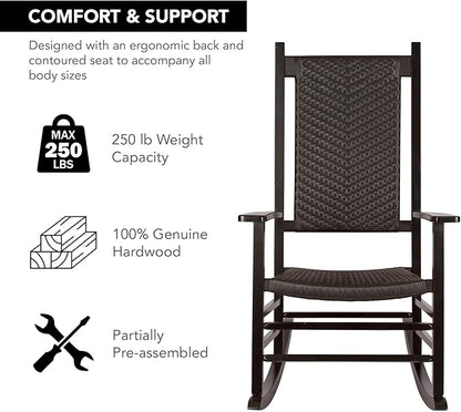 Shine Company Hampton Porch Rocker, High Back Wood Rocking Chair, Rattan Backrest & Seat, Black