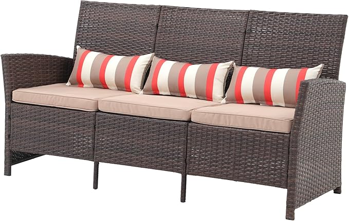 SUNSITT Outdoor Furniture 3 Seats Patio Couch, Outdoor Wicker Sofa, Brown PE Wicker with Beige Cushions & Lumbar - Photo 3