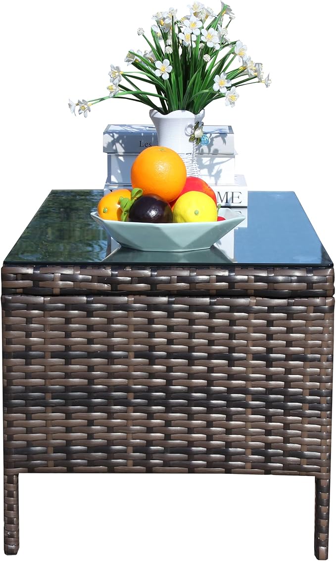 Brown Outdoor PE Wicker Coffee Table - Patio Rattan Side End Table with Glass Top