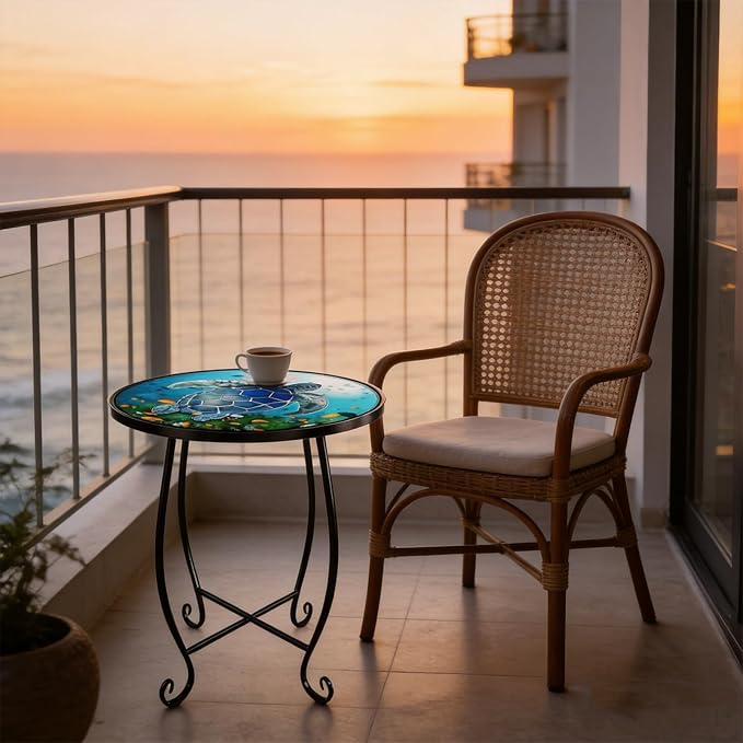 15 Inch Tall Outdoor Patio Table, Foldable Metal Turtle Table with Mosaic Design, Shatterproof Small Patio Table for Balcony Porch, Rust Resistant Mosaic Outdoor Side Table Style