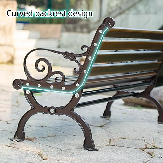 Outdoor Bench, 2-Seater Garden Bench, Metal Bench with Backrest and Armrests, Park Patio Bench with Slatted Wood Seat, for Gardens, Courtyards, Corridor Entrances, Patios(Black,150cm/59in)