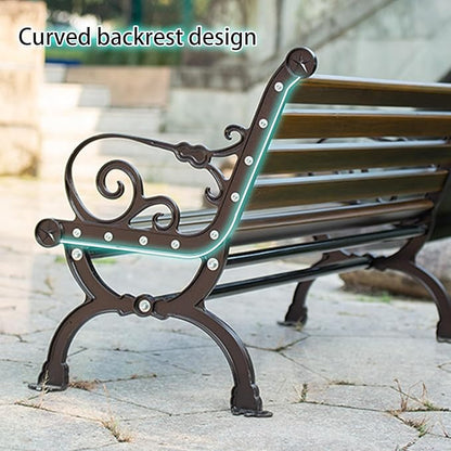 Outdoor Bench, 2-Seater Garden Bench, Metal Bench with Backrest and Armrests, Park Patio Bench with Slatted Wood Seat, for Gardens, Courtyards, Corridor Entrances, Patios(Brown,150cm/59in)