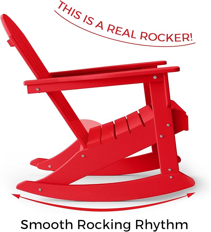 Costaelm Outdoor Adirondack Chair Set of 2, All Weather Resistant Classic Balcony Chair and Fire Pit Chairs, Adirondack Plastic Outdoor Porch Furniture Rocking Chair High Back HDPE Poly Lumber, Red