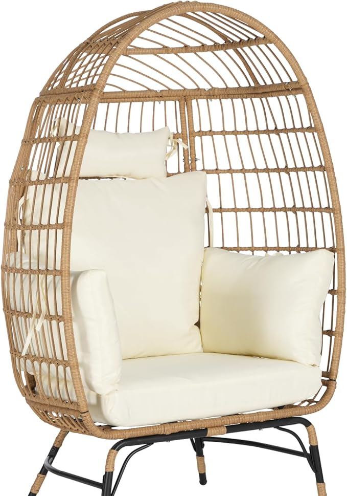 Oversized Wicker Egg Chair with Ottoman, Rattan Patio Egg Chair with Stand and Thick Cushions, Indoor Outdoor Lounge Chair for Backyard, Balcony, Living Room, Beige＋Ottoman