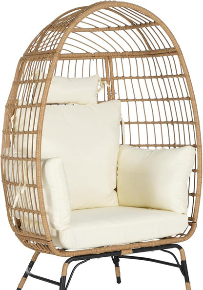 Oversized Wicker Egg Chair with Ottoman, Rattan Patio Egg Chair with Stand and Thick Cushions, Indoor Outdoor Lounge Chair for Backyard, Balcony, Living Room, Beige＋Ottoman