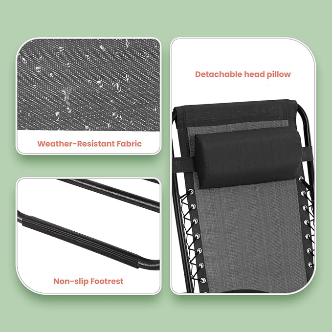 PayLessHere Lounge Chair Set of 2 Adjustable Zero Gravity Chair Beach Chair Folding Lawn Patio Chair with Removable Pillow and Cup Holder for Poolside Backyard Lawn Beach,Black