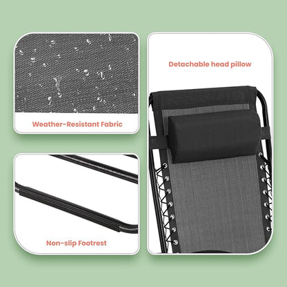 PayLessHere Lounge Chair Set of 2 Adjustable Zero Gravity Chair Beach Chair Folding Lawn Patio Chair with Removable Pillow and Cup Holder for Poolside Backyard Lawn Beach,Black