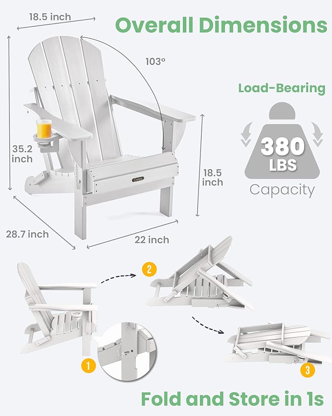 Ciokea Folding Adirondack Chair 2 Pack+ Adirondack Outdoor Side Table 1 Pack (White)