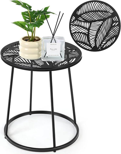 Outdoor Side Table with Flower Cut Outs 14" Weather Resistant Metal Patio Side Tables Small Plant Stand Round Outdoor End Table for Patio Outside Porch Balconies Garden(Black,Tropical Leaf)