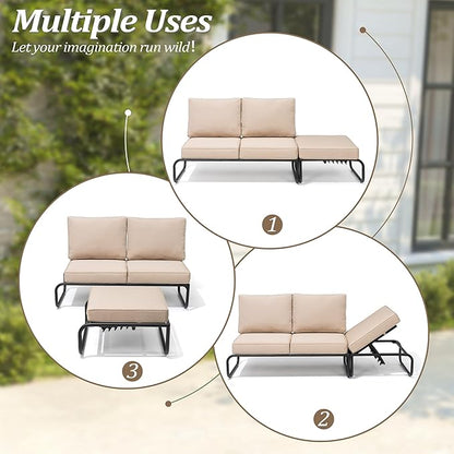 3PCS Aluminum Outdoor Furniture Sets with Cushion Patio Sectional Sofas with Adjustable Backsest, Patio Conversation Set for Pool, Backyard, Garden, Beige