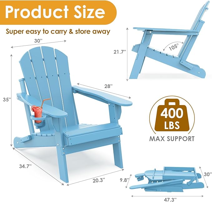 IVY&LANE Folding-Adirondack-Chairs-Set-of-4 | HDPE Plastic | Outdoor Fire Pit Chair with Cup Holder | Arctic | Poly | Weather Resistant | for Patio Deck Poolside Garden Beach