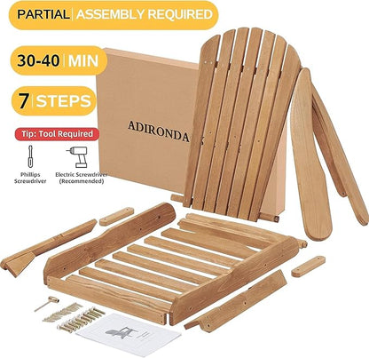 Folding Adirondack Chair Set of 2, Weather Resistant Folding Patio Lawn Chair for Outside Deck Garden Backyardf Balcony, Weather Wood, Wooden Fire Pit Chair, Brown