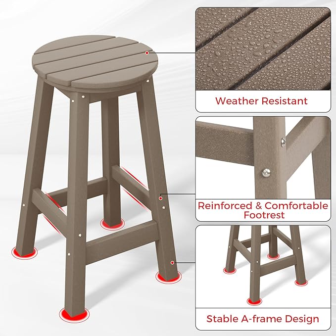 Costaelm 24" Height Outdoor Bar Stools, All-Weather Bar Stools, Adirondack Poly Patio Round Bar Stool for Patio, Deck, Kitchen Counter and Garden, Weathered Wood
