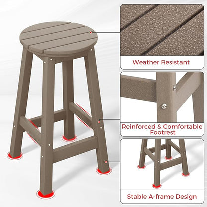 Costaelm 24" Height Outdoor Bar Stools, All-Weather Bar Stools, Adirondack Poly Patio Round Bar Stool for Patio, Deck, Kitchen Counter and Garden, Weathered Wood