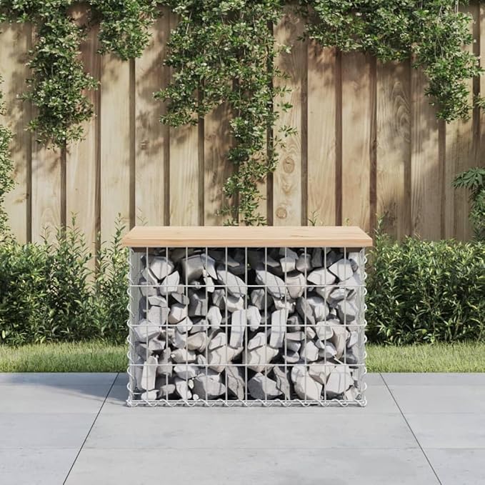 Solid Pine Wood Garden Bench Outdoor, Rustic Brown Bench with Gabion Stone Filler for Patio and Garden, Compact Two-Person Seating 24.8x24.8x16.5 in for Small Outdoor Spaces
