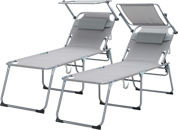 Folding Outdoor Lounge Recliner Chairs, Patio Lawn Chairs with Adjustable Backrest, Sun Tanning Beach Chair with Sunshade/Awning, Breathable Mesh Seat, Gray, 2 Pcs (Gray)