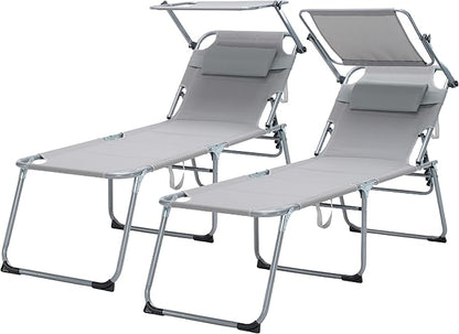 Folding Outdoor Lounge Recliner Chairs, Patio Lawn Chairs with Adjustable Backrest, Sun Tanning Beach Chair with Sunshade/Awning, Breathable Mesh Seat, Gray, 2 Pcs (Gray)