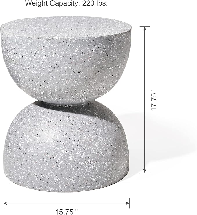 Glitzhome Outdoor Side Table, Round Accent End Table, Lightweight Hourglass Faux Terrazzo Decorative Garden Stool, 17.75" H Gray Planter Stand for Patio Porch Balcony Living Room