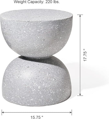 Glitzhome Outdoor Side Table, Round Accent End Table, Lightweight Hourglass Faux Terrazzo Decorative Garden Stool, 17.75" H Gray Planter Stand for Patio Porch Balcony Living Room