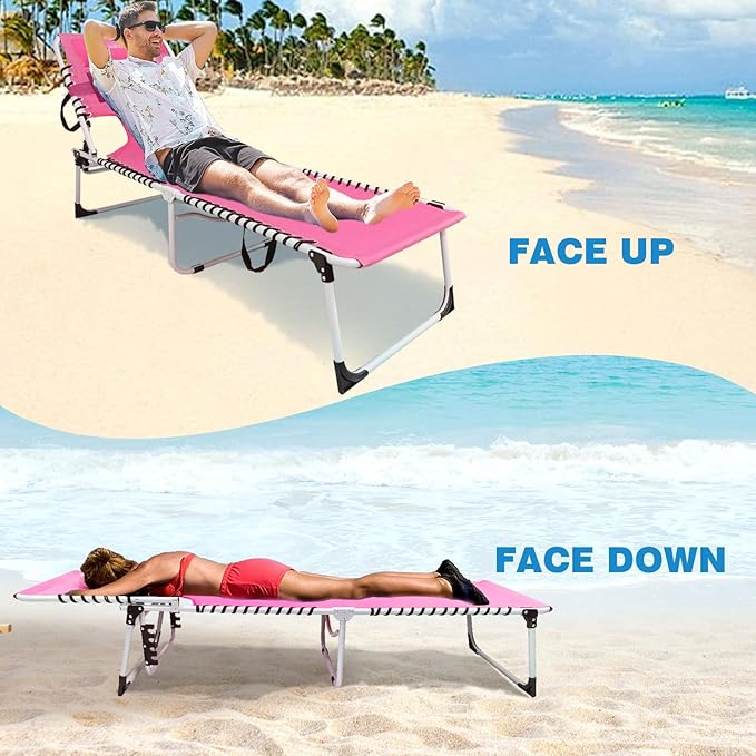 Sun Tanning Chair with Face Hole 5-Position Folding Lounge Chair Outdoor with Portable Beach Table for Poolside - Photo 5