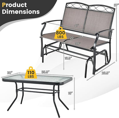 Tangkula 2 Pcs Patio Glider Conversation Set, Outdoor Gliding Loveseat w/Tempered Glass Coffee Table, Heavy-Duty Patio Furniture Set for Backyard, Porch, Poolside (2 PCS Patio Glider Set)