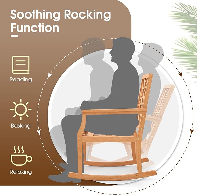 Tangkula Teak Wood Rocking Chair, Oversized Porch Rocker with Backrest and Slatted Seat, Outdoor Rocker Chair for Patio, Backyard and Lawn, 330 LBS Weight Capacity (2, 30 x 23 x 35 Inch)
