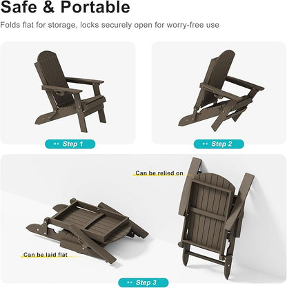 HDPE Foldable Adirondack Outdoor Chair with Cup Holder, Weather Resistant Heavy-Duty Patio Chair for Patio, Backyard, Deck, Fire Pit, Lawn and Porch, Brown