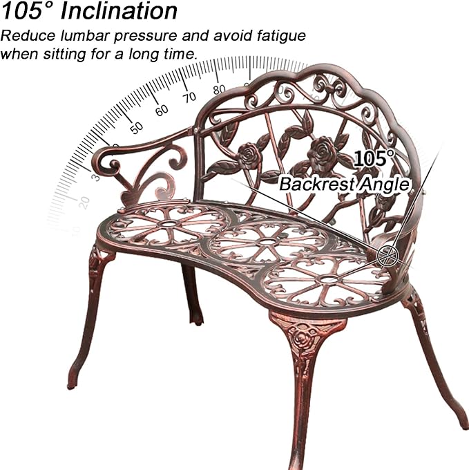 39" Outdoor Bench, Cast Aluminum Metal Garden Bench with Floral Rose Accent & Antique Finish(Brown)