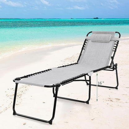 Tangkula Beach Lounge Chair for Outside, Folding Chaise Lounge Outdoor with 4-Position Backrest, Removable Headrest and Side Pocket, Portable Sunbathing Tanning Chair for Patio, Poolside (2, Grey)