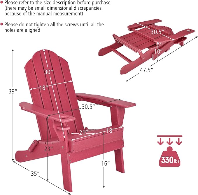 Giantex Adirondack Chair, Outdoor Folding Chairs, HDPE Weather Resistant Patio Chair with Built-in Cup Holder, Lawn Chair for Yard, Balcony, Deck, Outside, Campfire, Plastic Fire Pit Chair (1, Red)