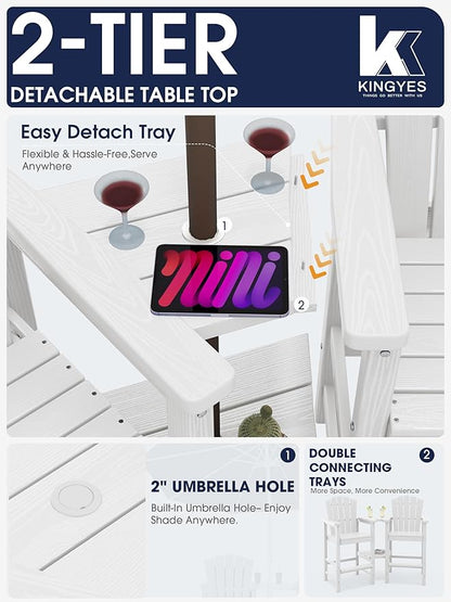 KINGYES Tall Adirondack Chair Set of 2 with 9FT Umbrella, All Weather HDPE Bar Height Adirondack Chair with Double Connecting Trays, Outdoor Adirondack Barstools, High Airondack Chair, White