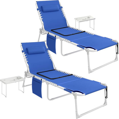 Outsunny Tanning Chair Set of 2 with Face Hole, Side Table, 5-Position Reclining Folding Chaise Lounge Chair Outdoor Lounger Recliner, Carry Straps for Beach Pool Camp, Breathable Mesh, Navy Blue
