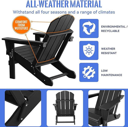 Folding Adirondack Chair,All-Weather Fire Pit Chairs,Oversized All Weather Resistant Outdoor Adirondack Chair for Firepit Area BBQ Beach Deck Garden Lawn Backyard Pool (Antique Black)