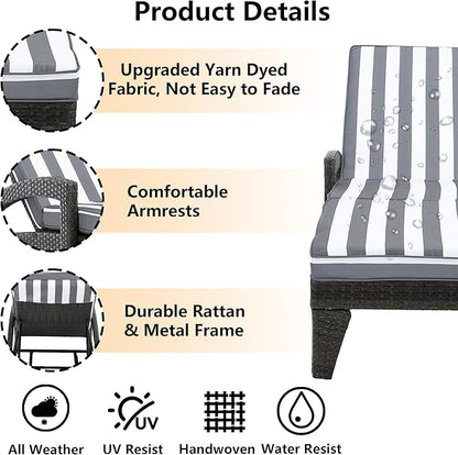 Chaise Lounge Chairs Set of 2, Upholstered 5-Positions Adjustable Pool Loungers, 80" Long Wicker Outdoor Lounge Chairs, Patio Chaise Lounges with Wheels for Sunbathing/Deck/Yard, Stripe