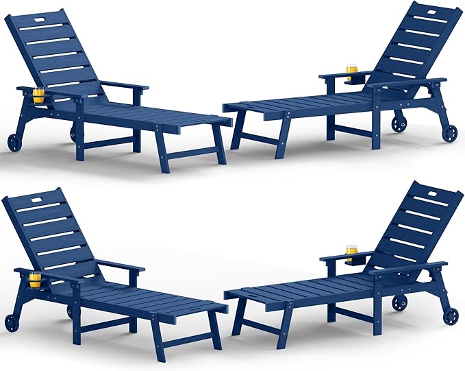 YEFU Lounge Chair Outdoor Set of 4: Outdoor Chaise Lounge with 5-Level Adjustable Backrest, Cup Holders & Wheels, All-Weather Resistance Chaise Lounge for Outside/Patio/Beach/Deck, Navy Blue