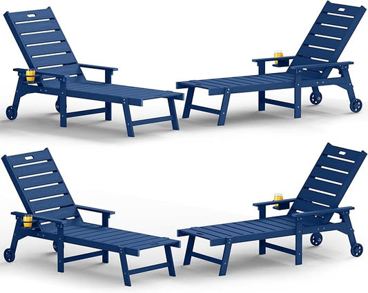 YEFU Lounge Chair Outdoor Set of 4: Outdoor Chaise Lounge with 5-Level Adjustable Backrest, Cup Holders & Wheels, All-Weather Resistance Chaise Lounge for Outside/Patio/Beach/Deck, Navy Blue
