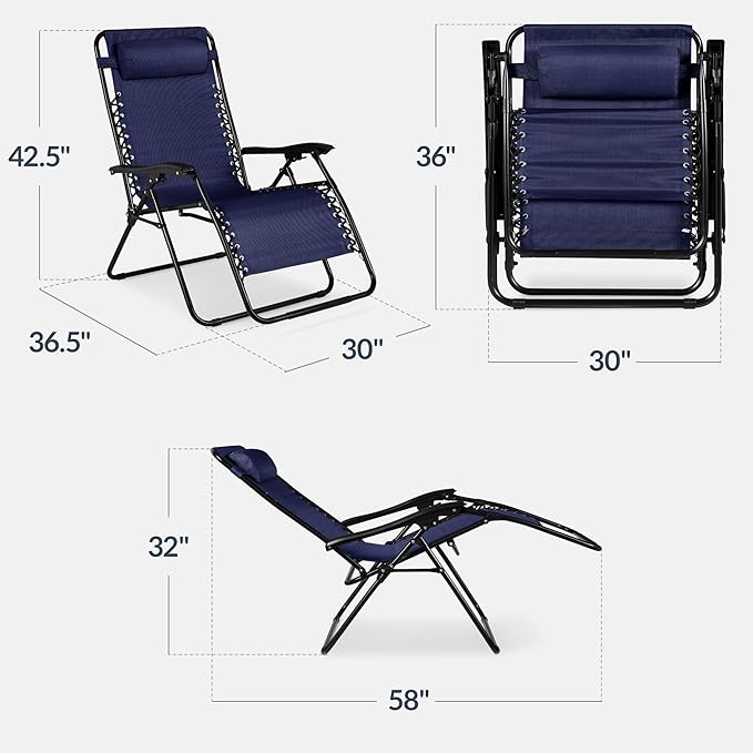 Best Choice Products Set of 2 Extra Wide Adjustable Steel Mesh Zero Gravity Lounge Chair Recliners w/Pillows and Cup Holder Trays - Navy