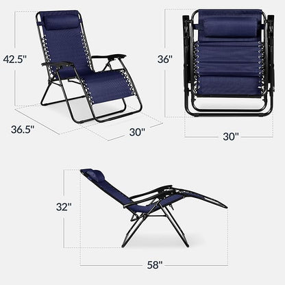 Best Choice Products Set of 2 Extra Wide Adjustable Steel Mesh Zero Gravity Lounge Chair Recliners w/Pillows and Cup Holder Trays - Navy