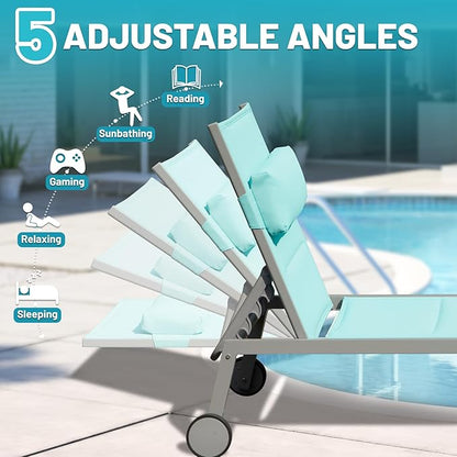 Domi Patio Chaise Lounge Set of 3, Outdoor Lounge Chair, Aluminum Textilene Padded 5 Position Pool Lounger, Stackable Lounge Chair w/Headrest, Wheels, Side Table, for Beach Backyard Lawn, Turquoise