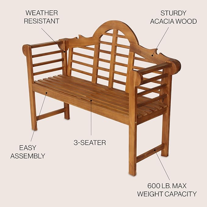 JONATHAN Y BNH103A Lutyens 51.2" 3-Seat Arched 600-Lbs Support Acacia Wood Outdoor Garden Patio Bench for Garden, Lawn, Backyard, Pool, Deck, Beach, Firepit, Teak