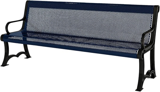 COATEDOUTDOORFURNITURE Heavy-Duty Outdoor Bench Thermoplastic Coated, Punched Steel, Commercial-Grade Garden Bench, Made in America (Portable with Back, 4 Ft, Textured Dark Blue)