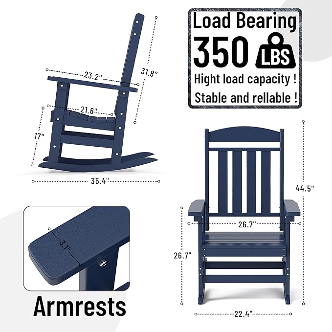Outdoor Rocking Chairs Set of 8, Oversized High Back Patio Rocking Chairs, All Weather Porch Rocking Chairs for Outside. Navy Blue