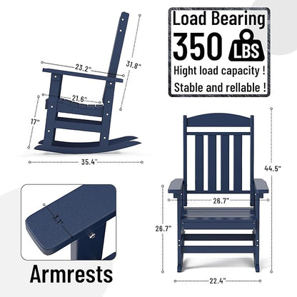 Outdoor Rocking Chairs Set of 8, Oversized High Back Patio Rocking Chairs, All Weather Porch Rocking Chairs for Outside. Navy Blue