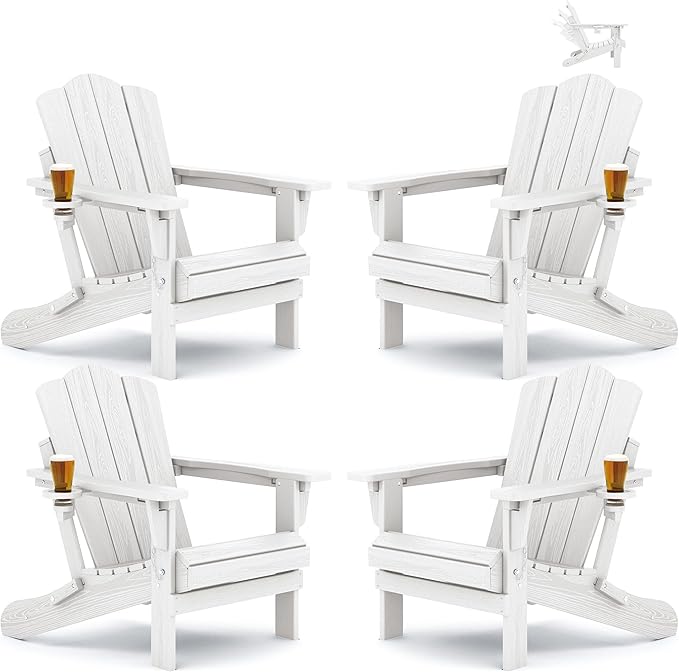 KINGYES Adjustable Folding Adirondack Chair Set of 4, 3-Position Reclining Adirondack Chairs with Cup Holder, HDPE All-Weather Oversized Adirondack for Outdoor, Patio, Backyard Deck, Fire Pit, White