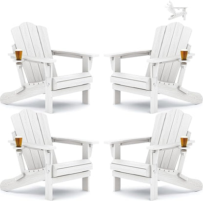 KINGYES Adjustable Folding Adirondack Chair Set of 4, 3-Position Reclining Adirondack Chairs with Cup Holder, HDPE All-Weather Oversized Adirondack for Outdoor, Patio, Backyard Deck, Fire Pit, White