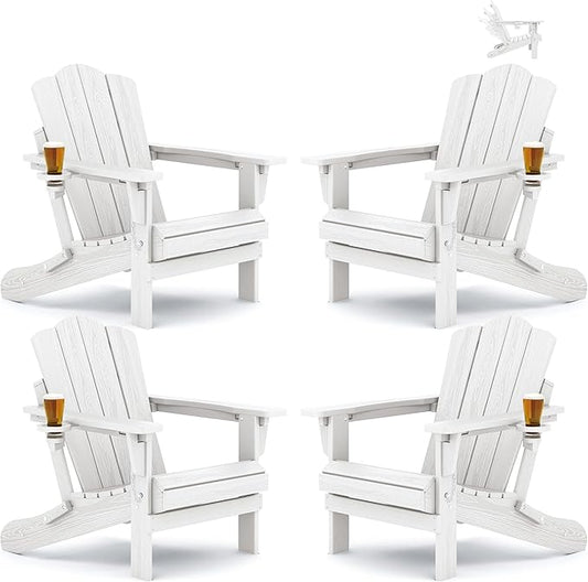 KINGYES Adjustable Folding Adirondack Chair Set of 4, 3-Position Reclining Adirondack Chairs with Cup Holder, HDPE All-Weather Oversized Adirondack for Outdoor, Patio, Backyard Deck, Fire Pit, White